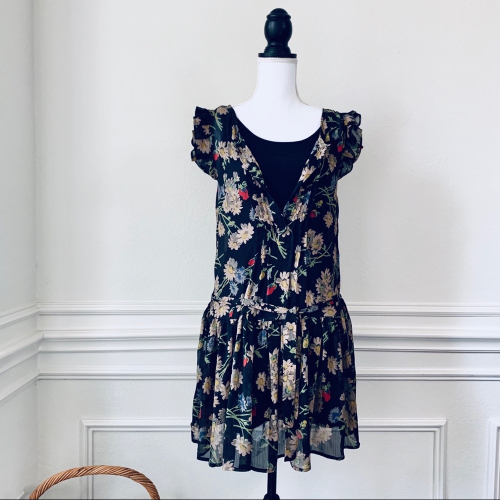 RALPH LAUREN BLACK FLORAL SLEEVELESS DROP WAIST TWO PIECE MIDI DRESS